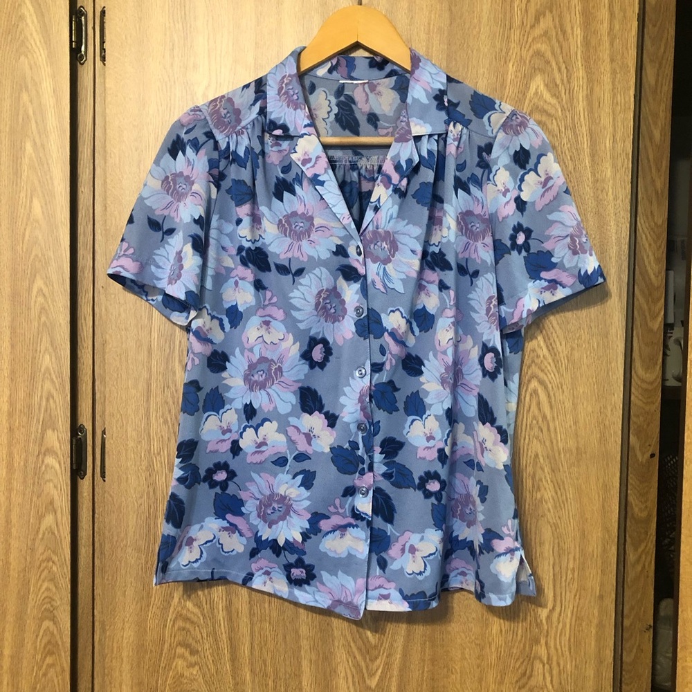 1970s Graff Purple Blue Floral Button Shirt